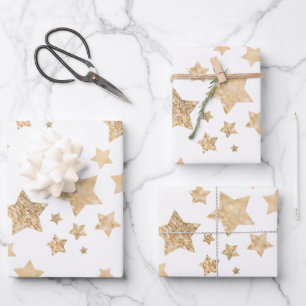 Feuille De Papier Cadeau Or étincelant étoiles Joyeux Noël blanc
