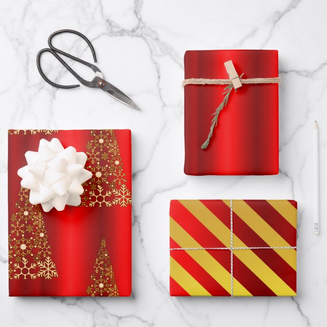 Feuille De Papier Cadeau Or métallique et Noël rouge (Recto)