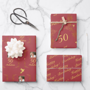 Feuille De Papier Cadeau Or Moderne Rouge Or 50 Anniversaire Fabuleux