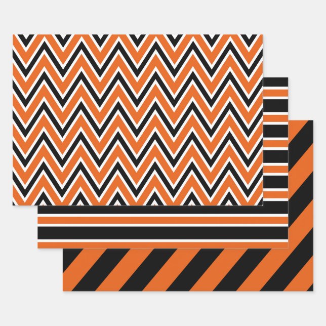 Feuille De Papier Cadeau Orange, Black, and White Chevron & Stripe Patterns (Lot)