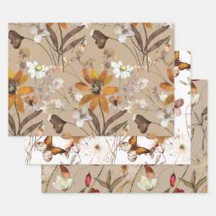 Feuille De Papier Cadeau Orange Brûlé Fleur sauvage simple automne floral