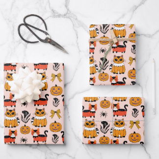 Feuille De Papier Cadeau orange chat sans couture motif halloween