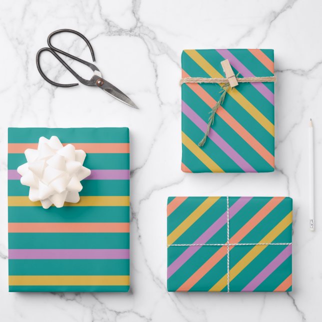 Feuille De Papier Cadeau Orange clair rayé vert et violet (Recto)