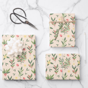 Feuille De Papier Cadeau Orange clair, vert et Saumon Motif de branche d'ol