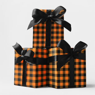 Feuille De Papier Cadeau Orange et noir Halloween à carreaux de bison