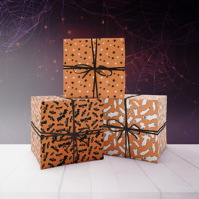Feuille De Papier Cadeau Orange Ghosts Bats Étoiles Halloween Motifs (Créateur téléchargé)