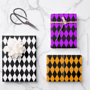 Feuille De Papier Cadeau Orange violet blanc et arlequin noir 