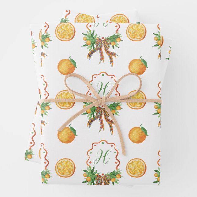 Feuille De Papier Cadeau Oranges d'aquarelle Plaid Bow Monogramme de Noël (En situation)
