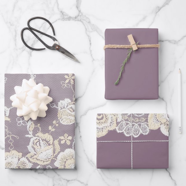 Feuille De Papier Cadeau Orchidée romantique violet blanc dentelle Mariage  (Recto)