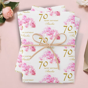 Feuille De Papier Cadeau Orchidée Rose Aquarelle Paillettes Or 70e Annivers