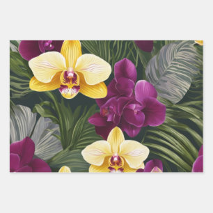 Feuille De Papier Cadeau Orchidées violettes et jaunes vives