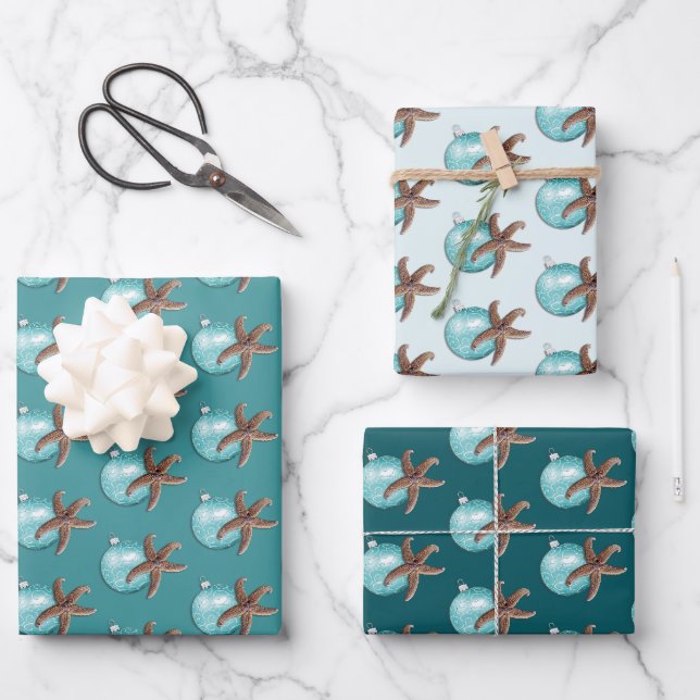 Feuille De Papier Cadeau Ornement bleu étoile Noël Turquoise (Recto)