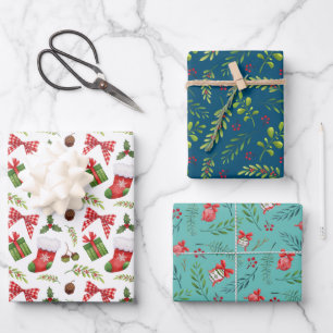 Feuille De Papier Cadeau Ornement de Noël festif et Branches Aquarelle