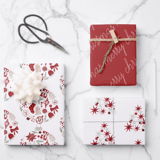 Feuille De Papier Cadeau Ornement de Noël rouge rustique (Recto)