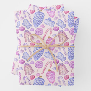 Feuille De Papier Cadeau Ornements de Noël à l'aquarelle, Canne à sucre