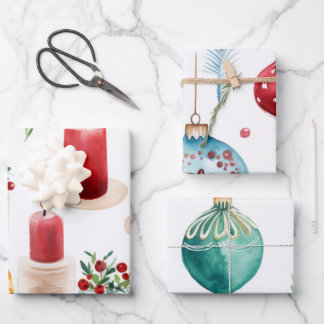 Feuille De Papier Cadeau Ornements De Noël Et Bougies Bleu Vert Et Rouge