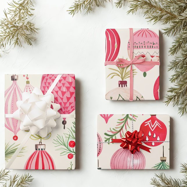 Feuille De Papier Cadeau Ornements de Noël rose rouge rétro (Pink Red Retro Christmas Ornaments Vintage Wrapping Paper Sheets)