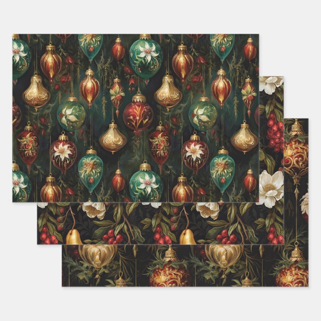 Feuille De Papier Cadeau Ornements de Noël Rouge Vert Or (Lot)