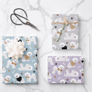 Feuille De Papier Cadeau Os et pattes de Bichon Frise bleu gris pourpre