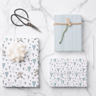 Feuille De Papier Cadeau Ours Bleu Teddy & Coeur Bébé Garçon Initiale