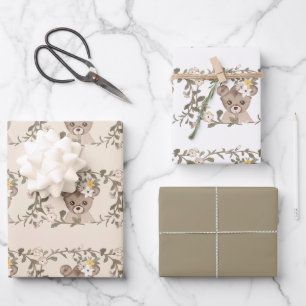 Feuille De Papier Cadeau Ours en peluche et fleurs