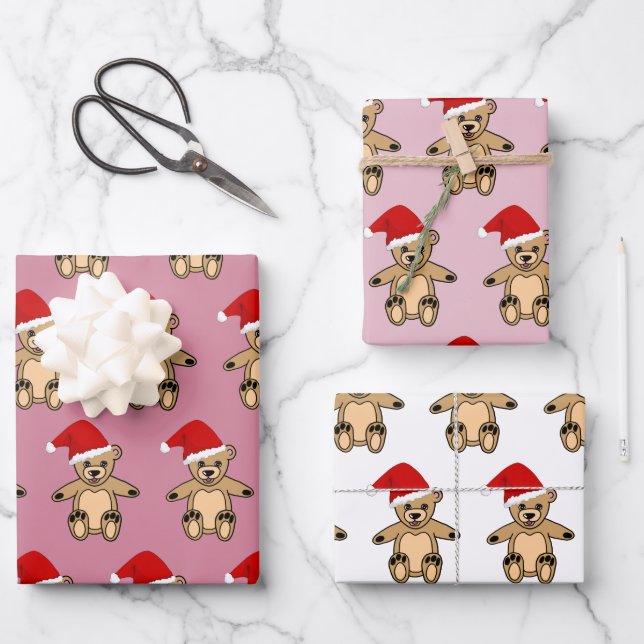 Feuille De Papier Cadeau Ours en peluche mignon avec chapeau de Noël rose (Recto)