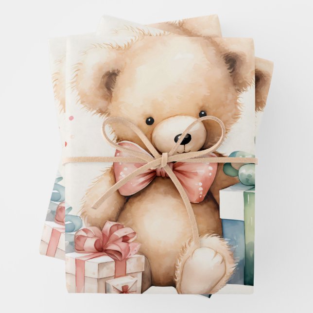 Feuille De Papier Cadeau Ours en peluche mignonne avec cadeaux de Noël (En situation)
