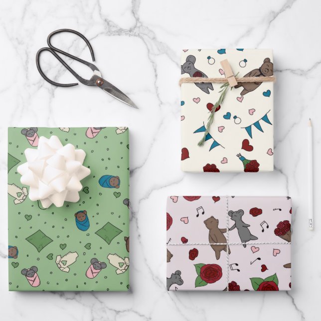 Feuille De Papier Cadeau Ours et souris Romance Rencontre Mariage Bébé (Recto)