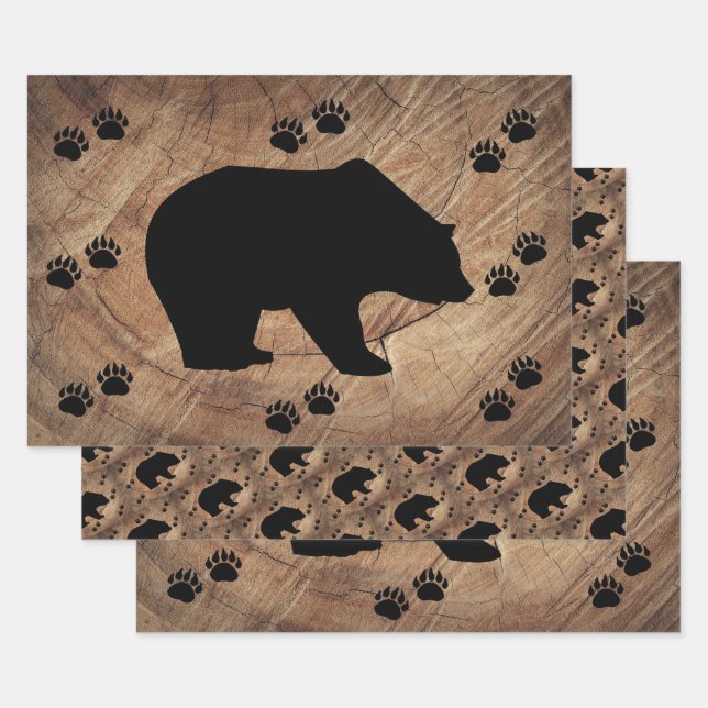 Feuille De Papier Cadeau Ours Noir Et Paniers Ours (Lot)