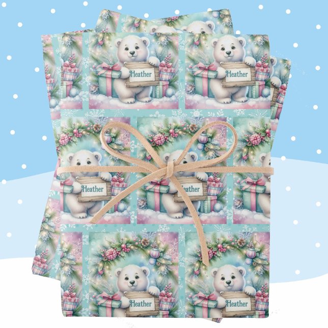 Feuille De Papier Cadeau Ours polaire doux Personnaliser Nom Noël 3 (Créateur téléchargé)