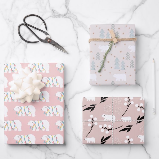 Feuille De Papier Cadeau Ours polaire Motifs Noël rose (Recto)