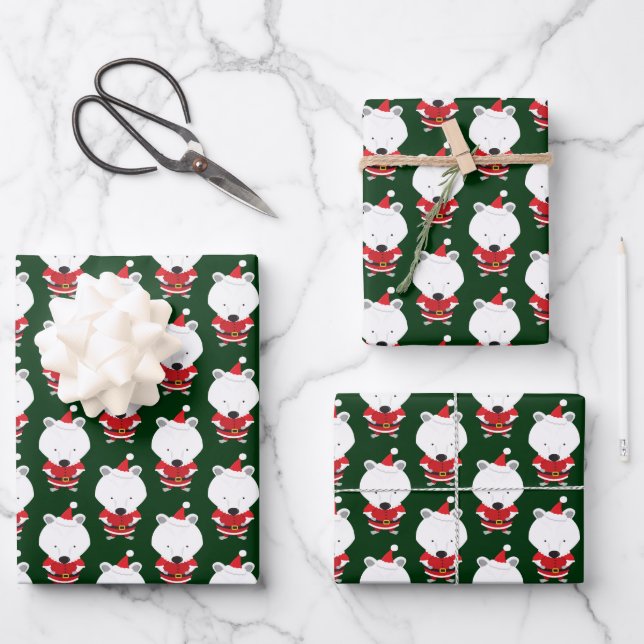Feuille De Papier Cadeau Ours polaire Santa Chapeau vert Noël (Recto)
