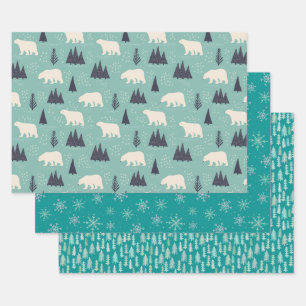 Feuille De Papier Cadeau Ours polaires et Forêt : Bleu Turquoise