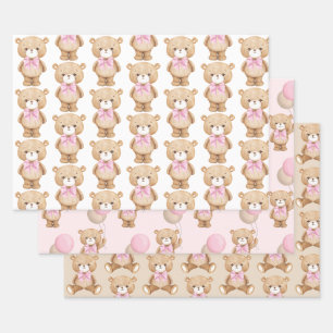 Feuille De Papier Cadeau Ours rose Teddy Balloon Baby Girl 1er anniversaire