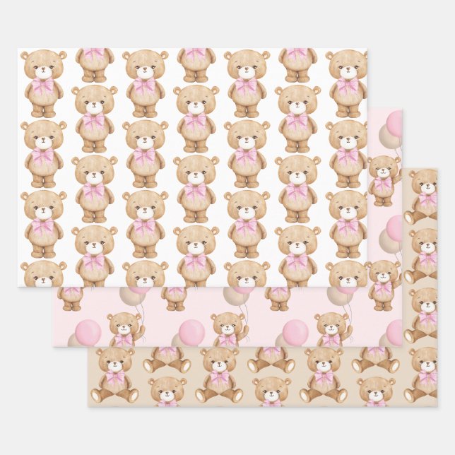 Feuille De Papier Cadeau Ours rose Teddy Balloon Baby Girl 1er anniversaire (Lot)