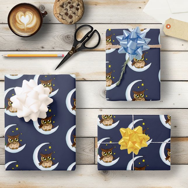 Feuille De Papier Cadeau Owl Moon Blue Cute Stars (Créateur téléchargé)