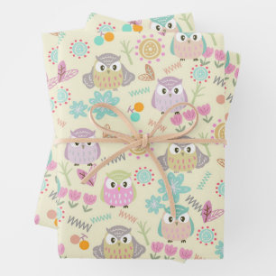 Feuille De Papier Cadeau Owl Pastel Jaune