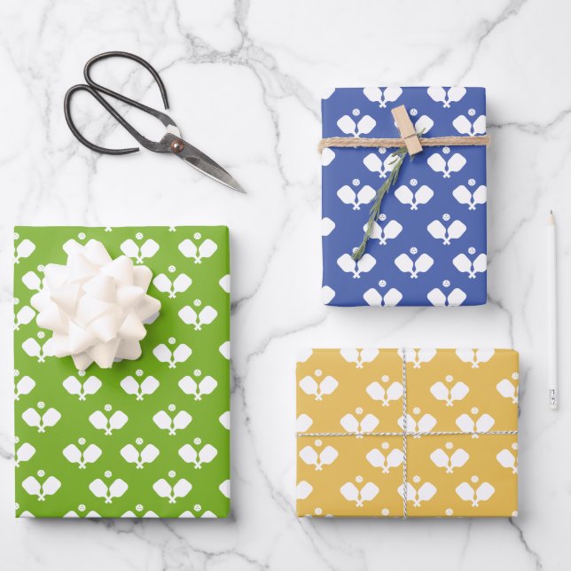 Feuille De Papier Cadeau Paddle Pickleball amusant et Ball bleu vert jaune (Recto)