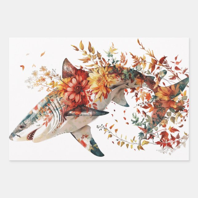 Feuille De Papier Cadeau Page de découpage des requins couverts de fleurs (Devant 3)