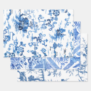 Feuille De Papier Cadeau Pagode blanche et bleue Vintage classique Chinoise