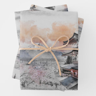 Feuille De Papier Cadeau Pagode japonaise et Fuji aquarelle 