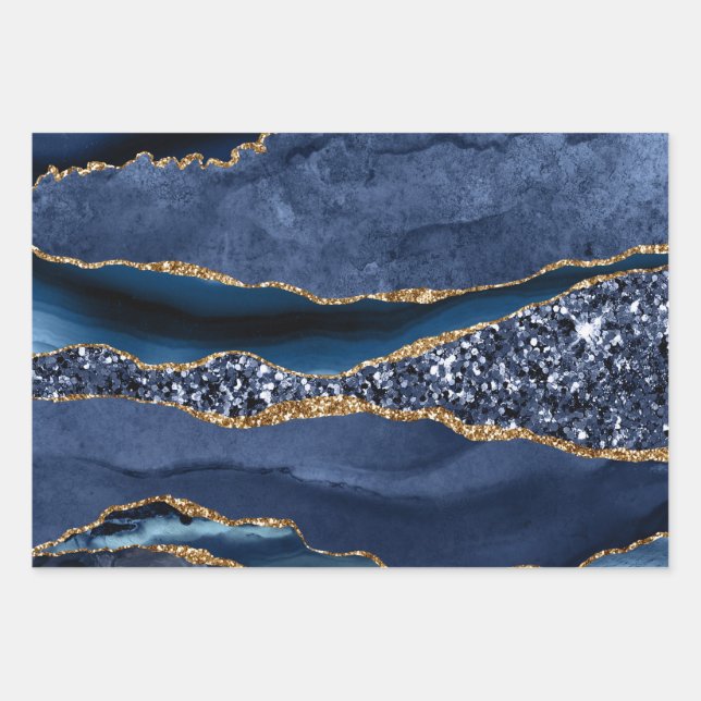 Feuille De Papier Cadeau Paillettes dorées bleu agate tendance  (Devant)