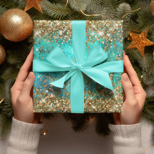 Feuille De Papier Cadeau Paillettes dorées Bleu Turquoise Pierre précieuse