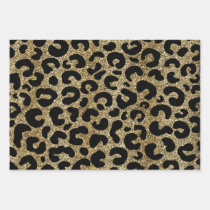 Feuille De Papier Cadeau Paillettes dorées et motif imprimé léopard noir