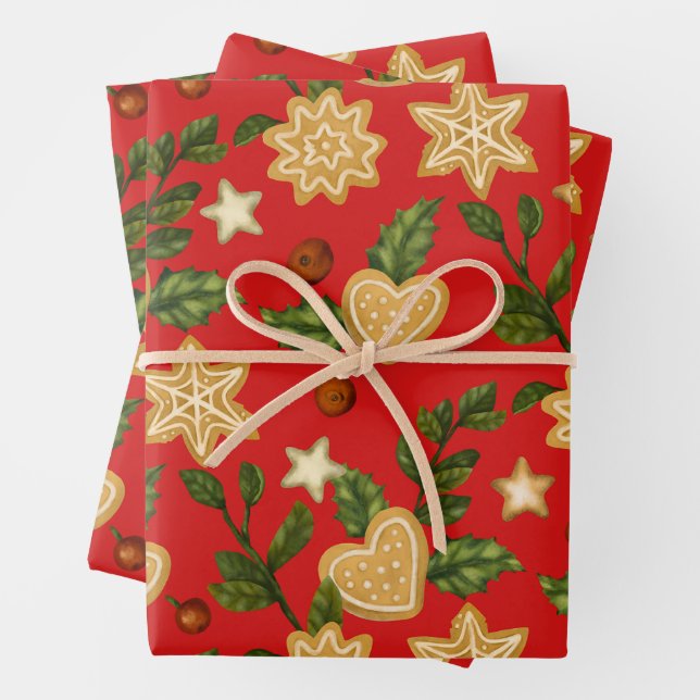Feuille De Papier Cadeau Pain d'épice de Noël Cookies et baies Rouge (En situation)