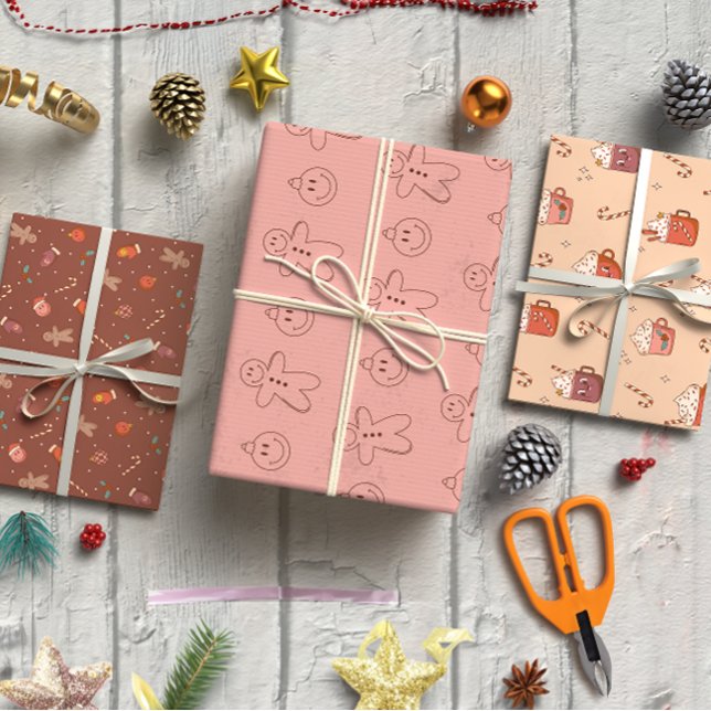 Feuille De Papier Cadeau Pain d'épice homme Noël set 3 (Gingerbread man Christmas set of 3 Wrapping Paper Sheet)