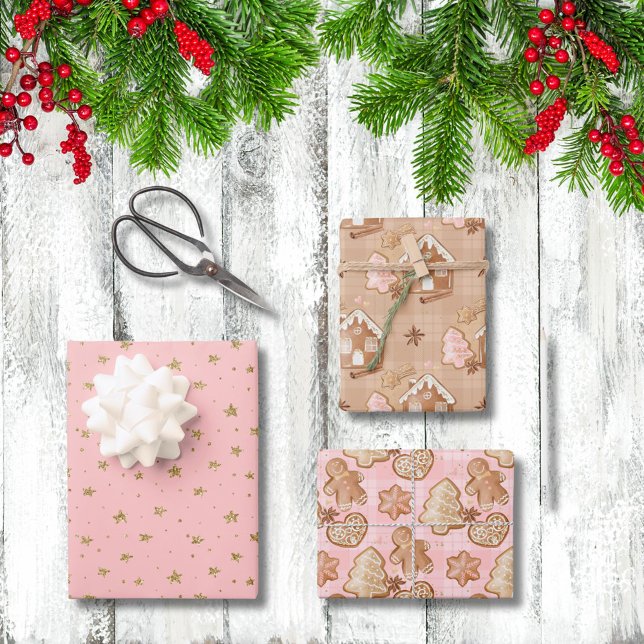 Feuille De Papier Cadeau Pain d'épices de Noël Hommes Maison Arbres Étoiles (Créateur téléchargé)
