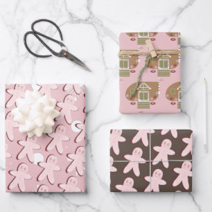 Feuille De Papier Cadeau Pain d'épices Maison de Noël Feux de neige rose