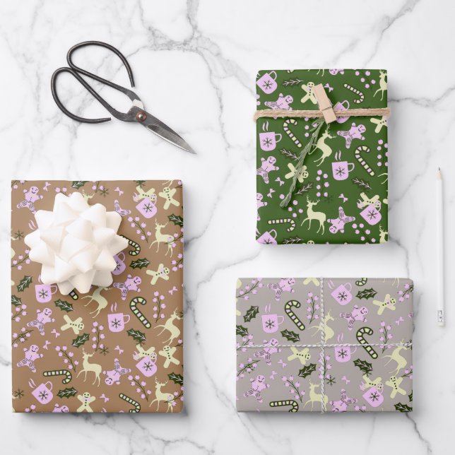 Feuille De Papier Cadeau Pain d'épices rétro Deer Candycane Traite Noël (Recto)