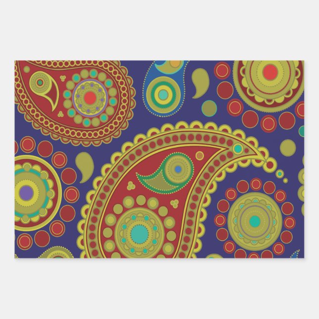 Feuille De Papier Cadeau Paisley Motif bohème avec rouge, bleu, or (Devant)